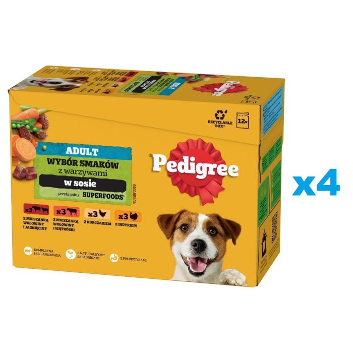 PEDIGREE Adult Wybór Smaków z warzywami saszetki 48x100 g mokra karma pełnoporcjowa dla dorosłych psów, z mieszanką wołowiny i jagnięciny, z mieszanką wołowiny i wątróbki, z kurczakiem, z indykiem, w sosie