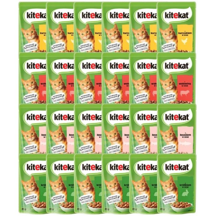 KITEKAT Mix smaków w sosie 24x85 g dla dorosłych kotów z kurczakiem, wołowiną, łososiem i królikiem