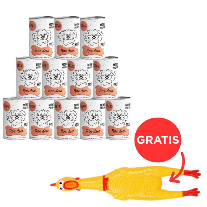 PAKA ZWIERZAKA PEPE Roe Deer 99% (sarna) 12 x 800 g monoproteinowa karma + zabawka kurczak GRATIS
