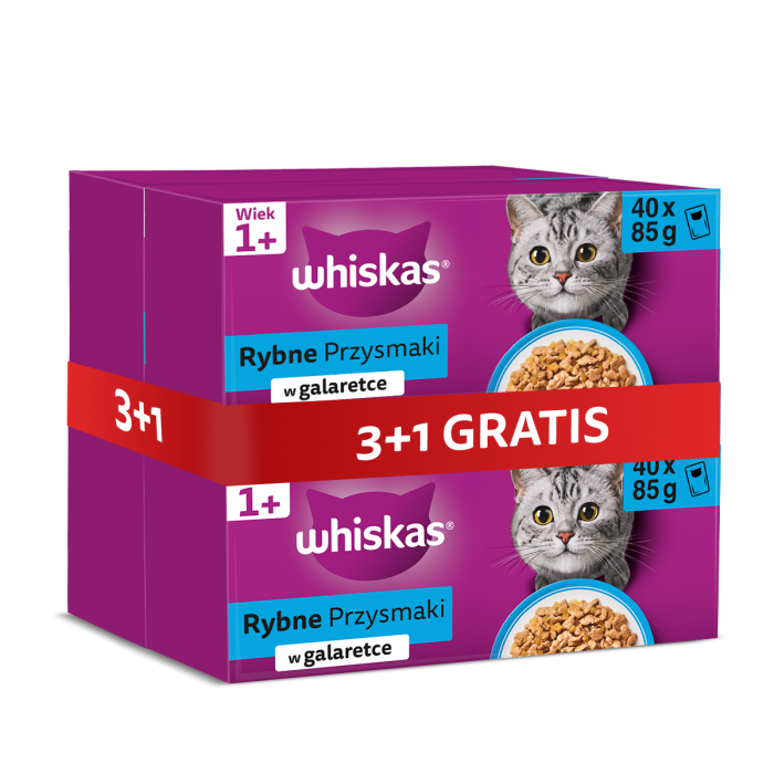 WHISKAS Adult saszetka 4 x 40x85 g Smaki Rybne w galaretce łosoś, tuńczyk, dorsz, biała ryba 3+1 GRATIS