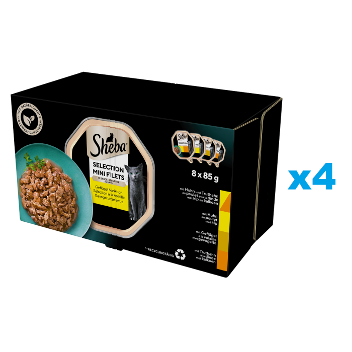 SHEBA Selection Drobiowe Smaki tacki 32x85 g mokra karma pełnoporcjowa dla dorosłych kotów w sosie kawałki z kurczakiem i indykiem, kurczakiem, drobiem, indykiem