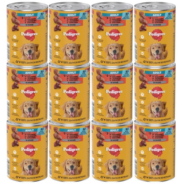 PEDIGREE Adult puszka 12x400 g mokra karma pełnoporcjowa dla dorosłych psów z 3 rodzajami: wołowiną, jagnięciną i kurczakiem, w musie