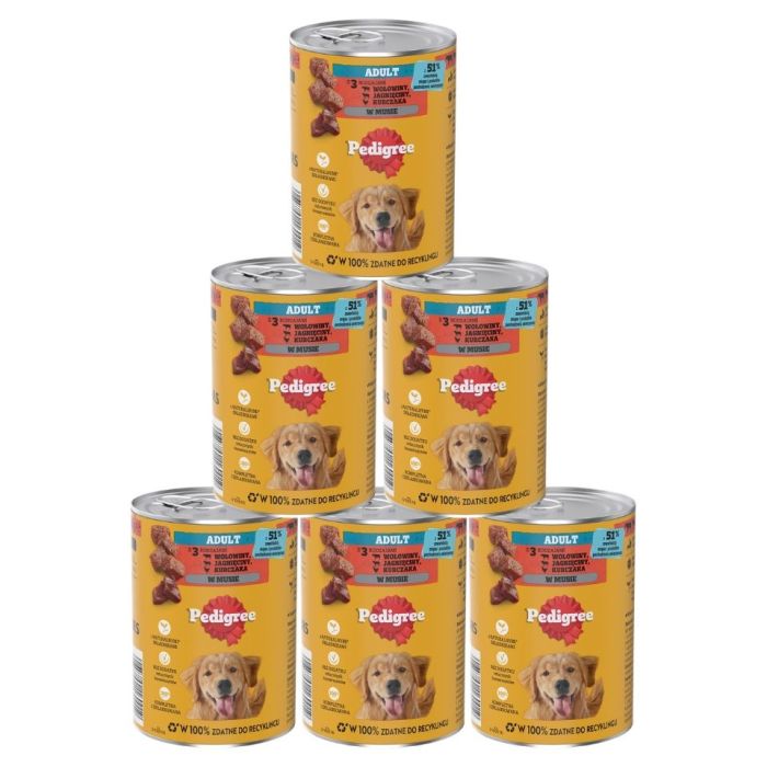PEDIGREE Adult puszka 6x400 g mokra karma pełnoporcjowa dla dorosłych psów z 3 rodzajami: wołowiną, jagnięciną i kurczakiem, w musie