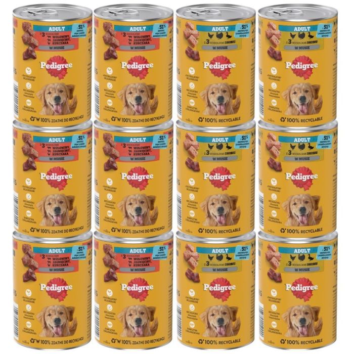 PEDIGREE Adult Mix smaków 400 g dla psów z 3 rodzajami: wołowiną, jagnięciną i kurczakiem i 3 rodzajami drobiu, w musie