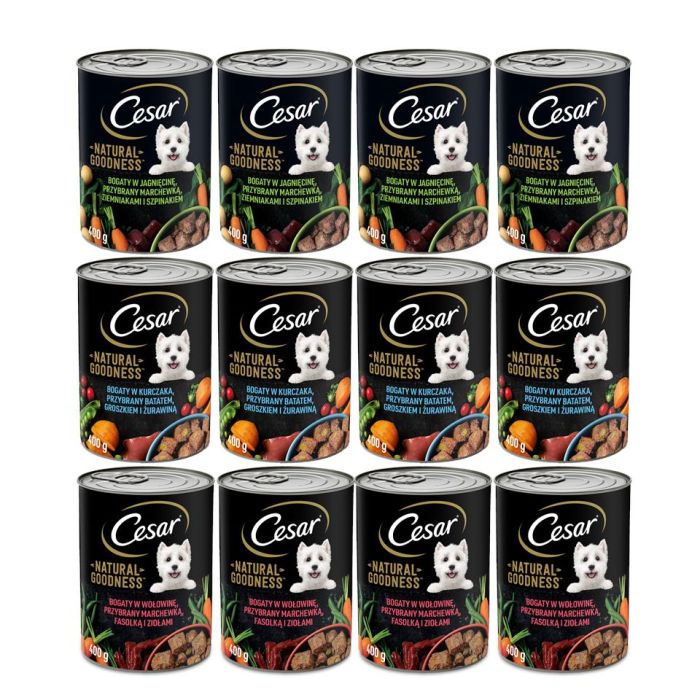 CESAR puszka 12x400g - mokra karma pełnoporcjowa dla dorosłych psów (z jagnięciną i warzywami, z wołowiną i warzywami, z kurczakiem i warzywami)
