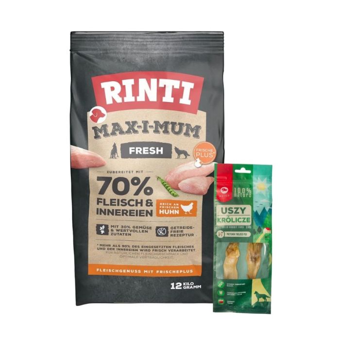 RINTI MAX-I-MUM Chicken z kurczakiem 12 kg + MACED Ucho Królicze 2 szt.