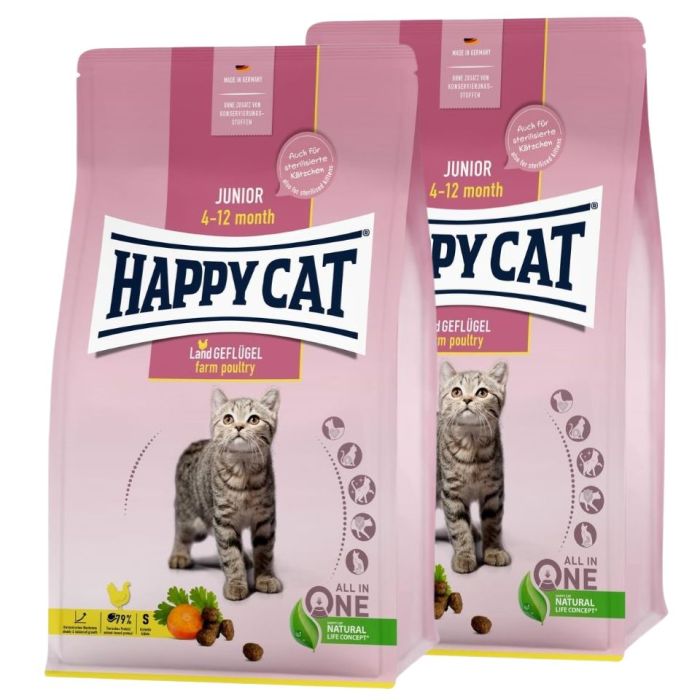 HAPPY CAT Junior Farm Poultry 2x4 kg drób, sucha karma dla kociąt w wieku 4-12 miesięcy