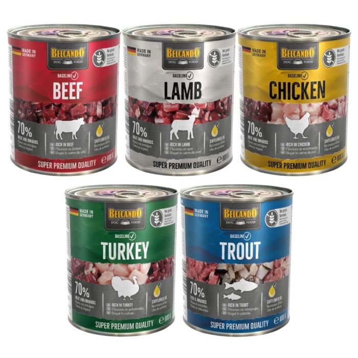 BELCANDO Baseline Mix smaków pstrąg, indyk, kurczak, jagnięcina i wołowina 5x800g