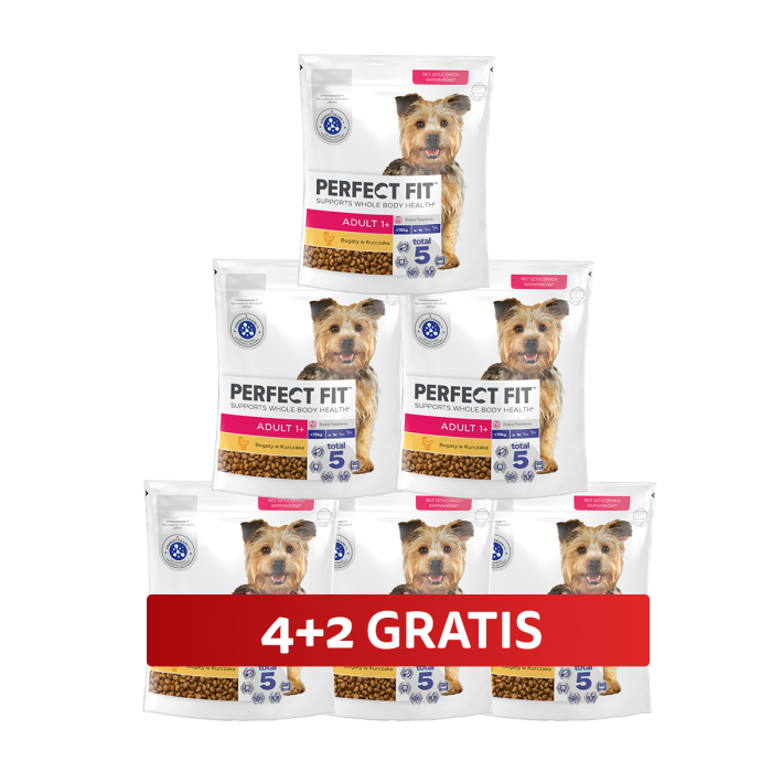 PERFECT FIT Adult 1+ sucha karma pełnoporcjowa dla dorosłych psów małych ras bogata w kurczaka 6 x 825 g 4+2 GRATIS
