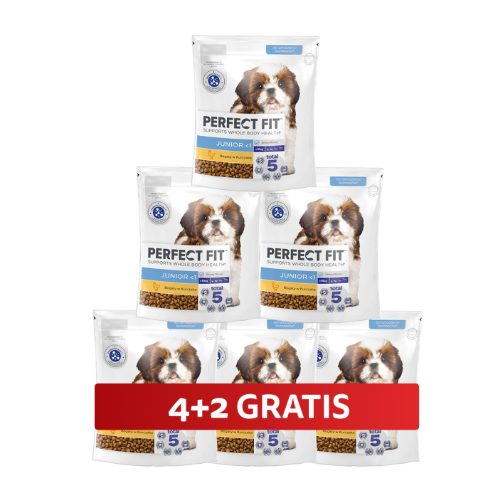 PERFECT FIT Junior <1 sucha karma pełnoporcjowa dla szczeniąt małych ras bogata w kurczaka 6 x 825 g 4+2 GRATIS
