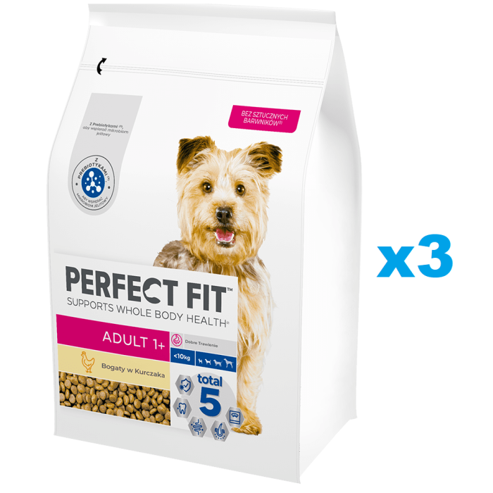 PERFECT FIT Adult 1+ sucha karma pełnoporcjowa dla dorosłych psów małych ras bogata w kurczaka 3x2,6 kg