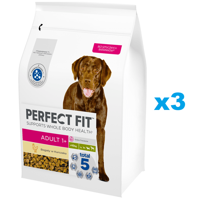 PERFECT FIT Adult 1+ sucha karma pełnoporcjowa dla dorosłych psów dużych ras bogata w kurczaka 3x2,6 kg