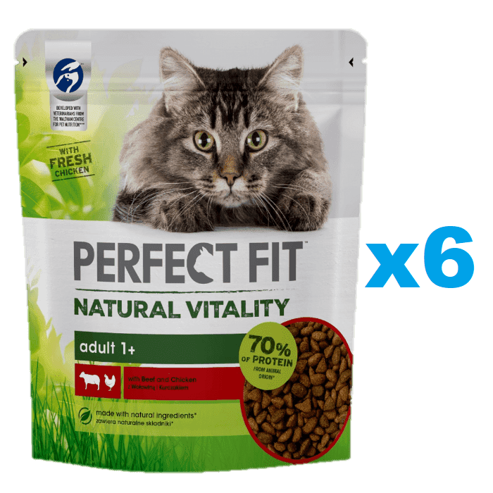 PERFECT FIT Natural Vitality 1+ sucha karma pełnoporcjowa dla dorosłych kotów z wołowiną i kurczakiem 6x650 g