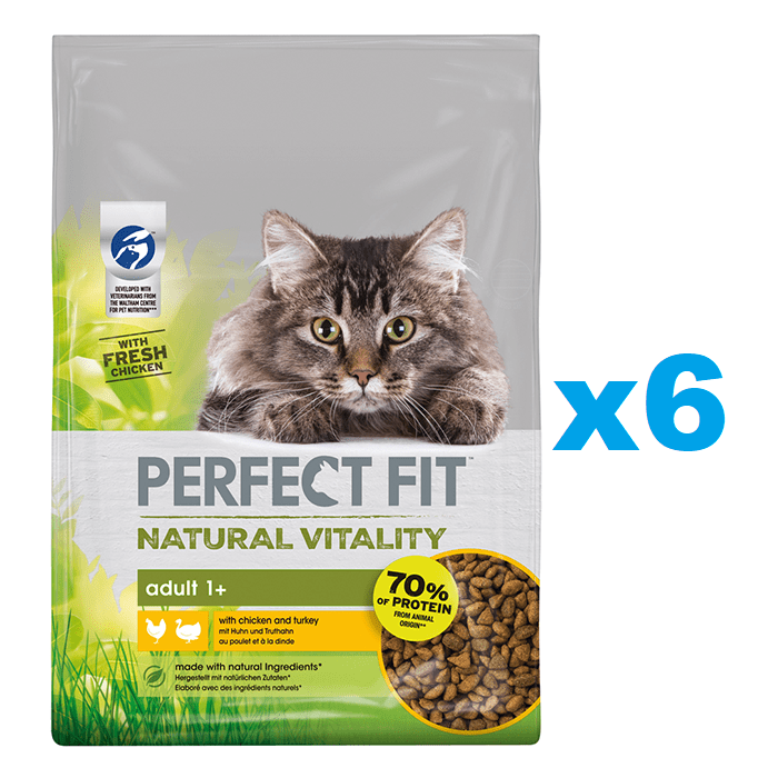 PERFECT FIT Natural Vitality 1+ sucha karma pełnoporcjowa dla dorosłych kotów z kurczakiem i indykiem 6x650 g