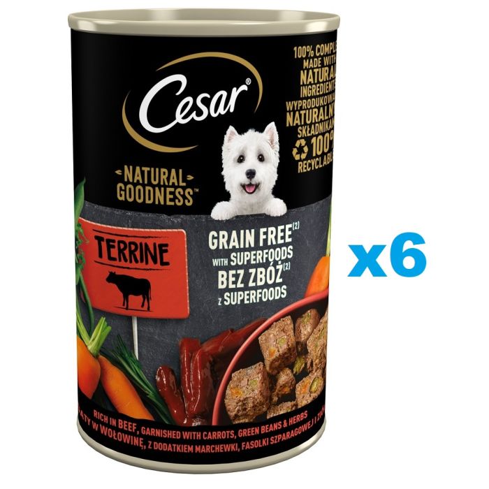 CESAR Natural Goodness w terynie 6x400 g bogata w wołowinę z dodatkiem marchewki, fasolki szparagowej i ziół