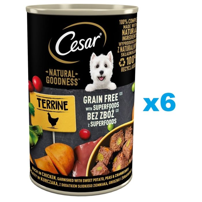 CESAR Natural Goodness w terynie 6x400g bogata w kurczaka z dodatkiem słodkich ziemniaków, groszku i żurawiny