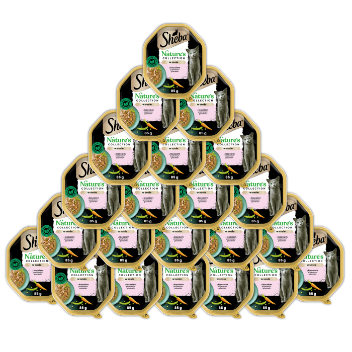 SHEBA Nature’s Collection tacka 22 x 85 g mokra karma pełnoporcjowa dla dorosłych kotów kawałki z łososiem przybranym groszkiem w sosie