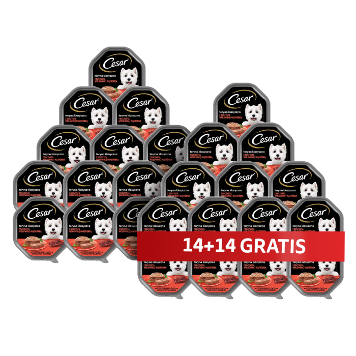 CESAR tacka 28 x 150 g mokra karma pełnoporcjowa dla dorosłych psów teryna z soczystą wołowiną i wątróbką 14+14 GRATIS