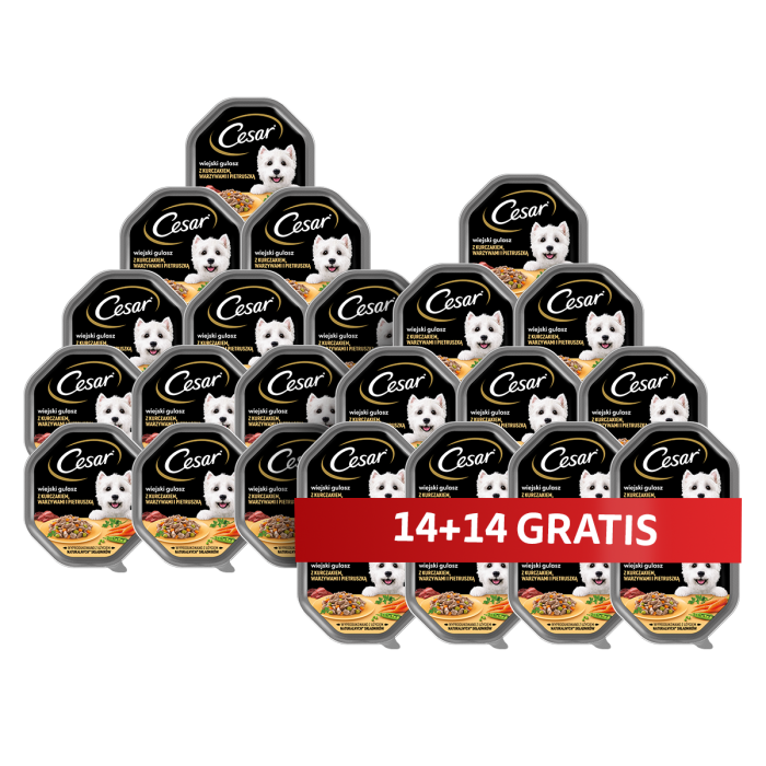 CESAR tacka 28 x 150 g mokra karma pełnoporcjowa dla dorosłych psów w sosie z kurczakiem warzywami i pietruszką 14+14 GRATIS