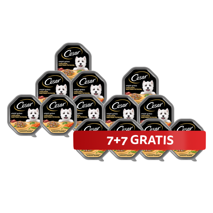 CESAR tacka 14 x 150 g mokra karma pełnoporcjowa dla dorosłych psów w sosie z kurczakiem warzywami i pietruszką 7+7 GRATIS
