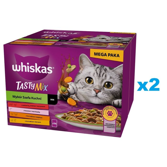 WHISKAS Adult Tasty Mix Wybór Szefa Kuchni w sosie 48x85 g kawałki z wołowiną, łososiem, kurczakiem i indykiem, kurczakiem i dorszem dla dorosłych kotów