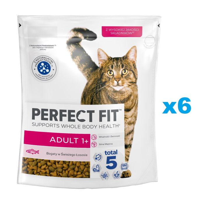 PERFECT FIT Adult 1+ 6x750 g sucha karma pełnoporcjowa dla dorosłych kotów bogata w świeżego łososia