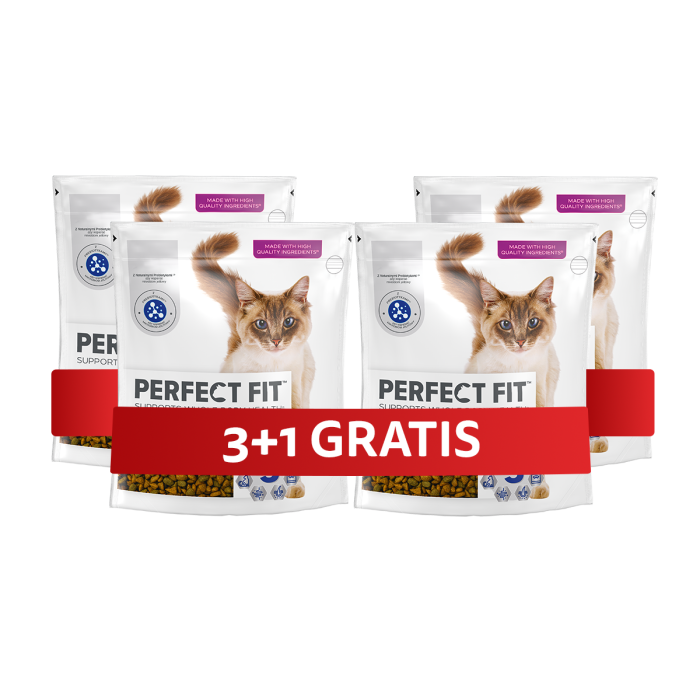 PERFECT FIT Antihairball 1+ 4 x 750 g sucha karma pełnoporcjowa dla dorosłych kotów bogata w kurczaka 3+1 GRATIS