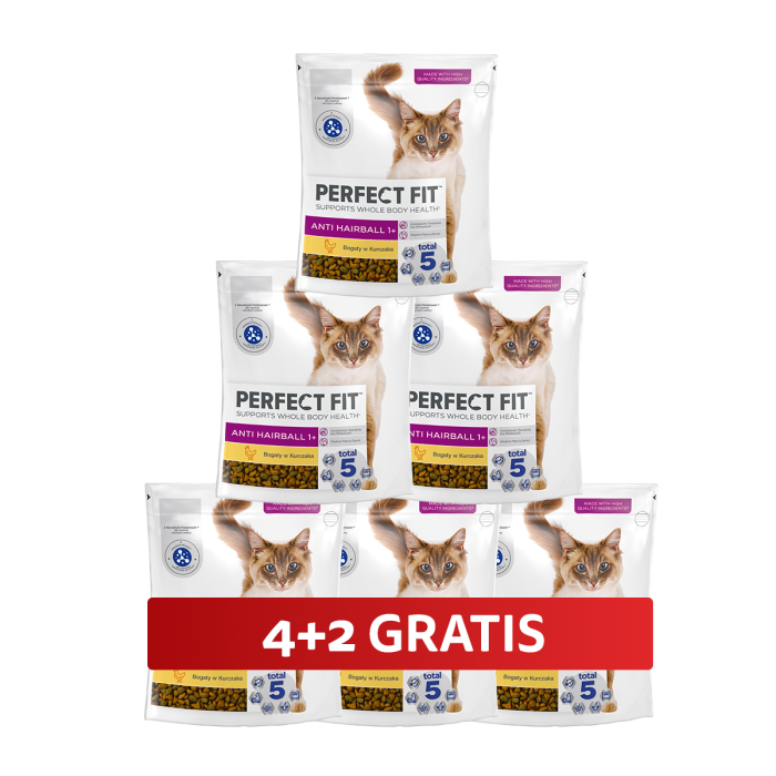 PERFECT FIT Antihairball 1+ 6 x 750 g sucha karma pełnoporcjowa dla dorosłych kotów bogata w kurczaka 4+2 GRATIS