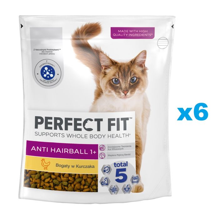PERFECT FIT Antihairball 1+ 6x750 g sucha karma pełnoporcjowa dla dorosłych kotów bogata w kurczaka