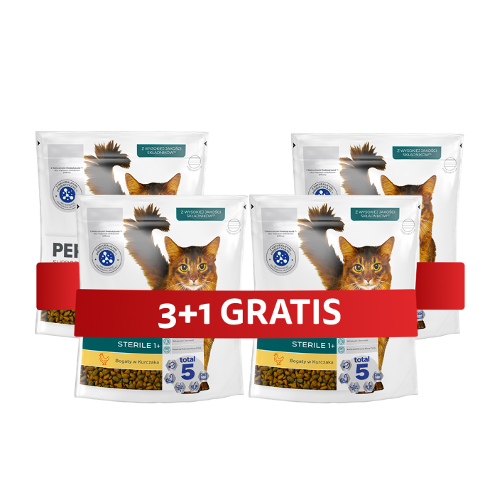 PERFECT FIT Sterile 1+ 4 x 750 g sucha karma pełnoporcjowa dla dorosłych kotów bogata w kurczaka 3+1 GRATIS