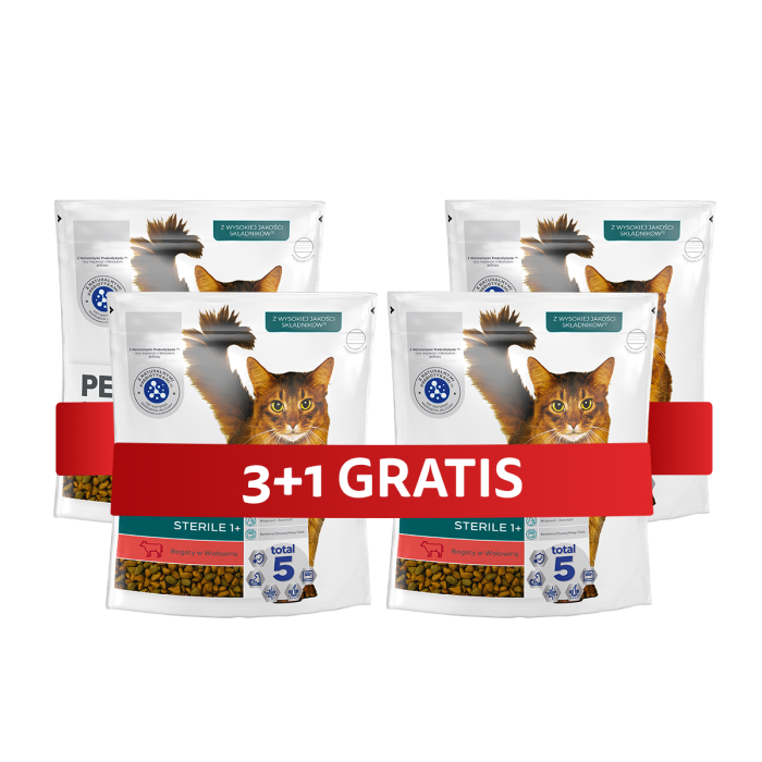 PERFECT FIT Sterile 1+ 4 x 750 g sucha karma pełnoporcjowa dla dorosłych kotów bogata w wołowinę 3+1 GRATIS