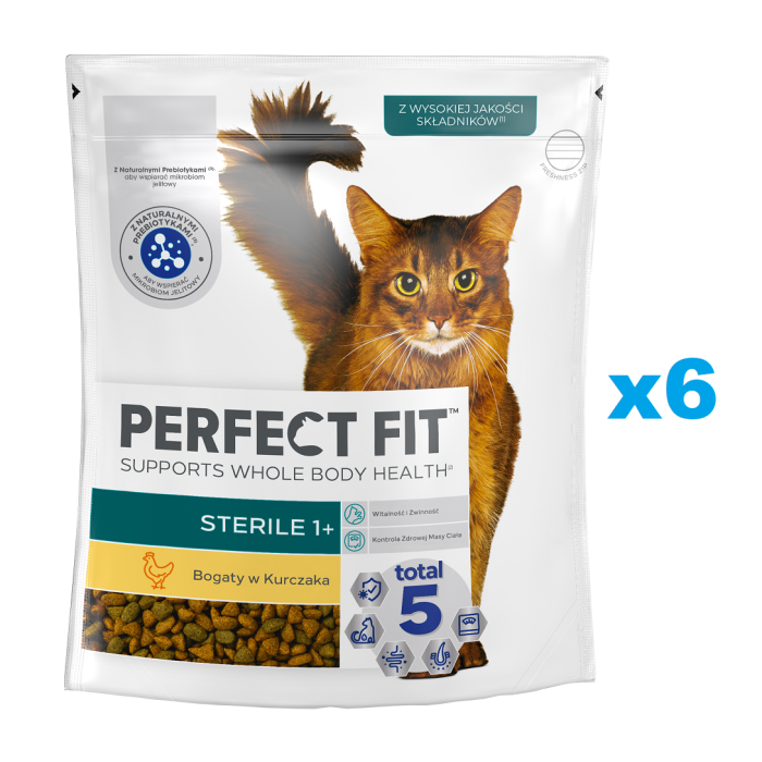 PERFECT FIT Sterile 1+ 6x750 g sucha karma pełnoporcjowa dla dorosłych kotów bogata w kurczaka