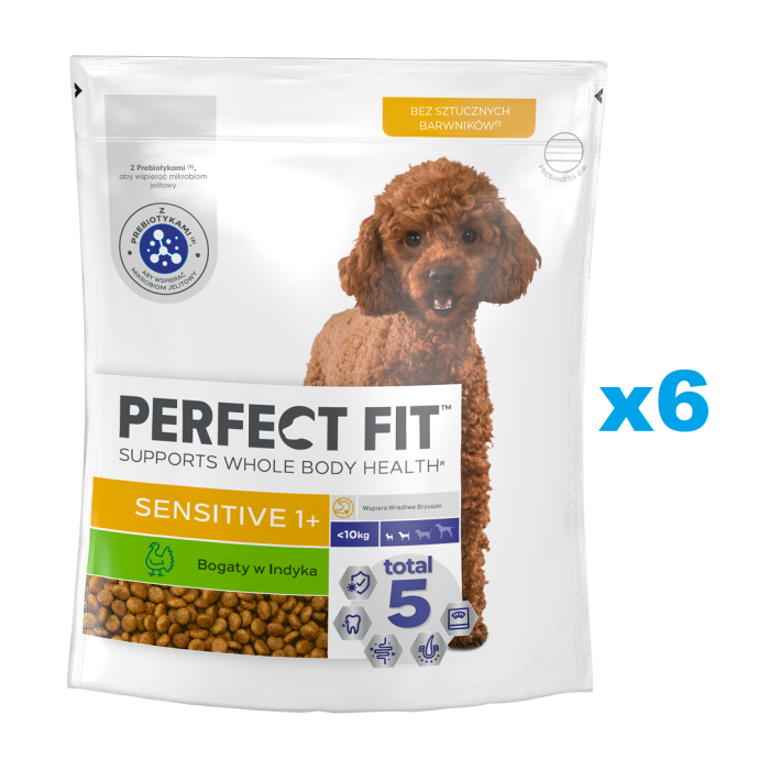 PERFECT FIT Sensitive 1+ sucha karma pełnoporcjowa dla dorosłych psów małych ras bogata w indyka 6x825 g