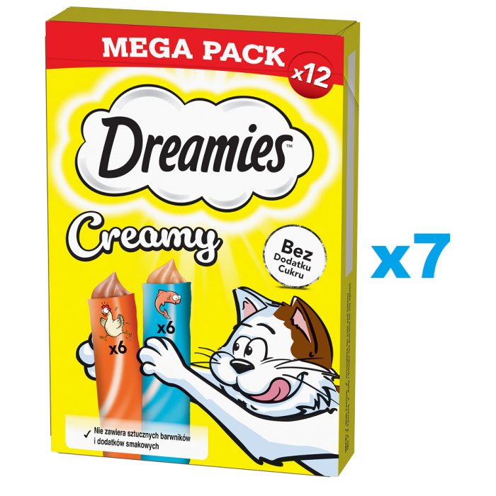 DREAMIES Creamy MEGA PACK karma uzupełniająca z kurczakiem i z łososiem 84x10 g