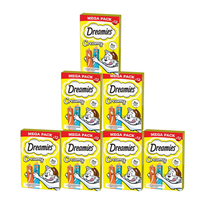 DREAMIES Creamy MEGA PACK karma uzupełniająca z kurczakiem i z łososiem 7 x 12x10 g