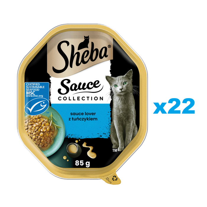SHEBA Sauce Collection tacka 22x85 g mokra karma pełnoporcjowa dla dorosłych kotów kawałki z tuńczykiem w sosie