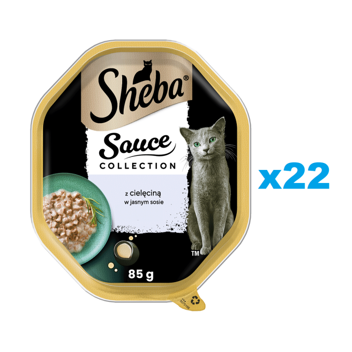 SHEBA Sauce Collection tacka 22x85 g mokra karma pełnoporcjowa dla dorosłych kotów kawałki z cielęciną w sosie