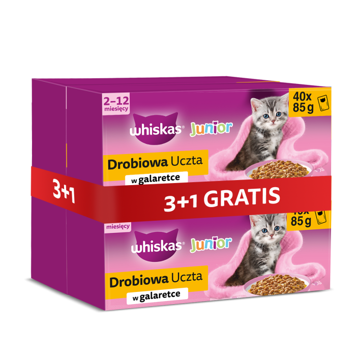 WHISKAS Junior Drobiowa Uczta 4 x 40x85g mokra karma z kurczakiem, kaczką, drobiem i indykiem w galaretce dla kociąt 3+1 GRATIS