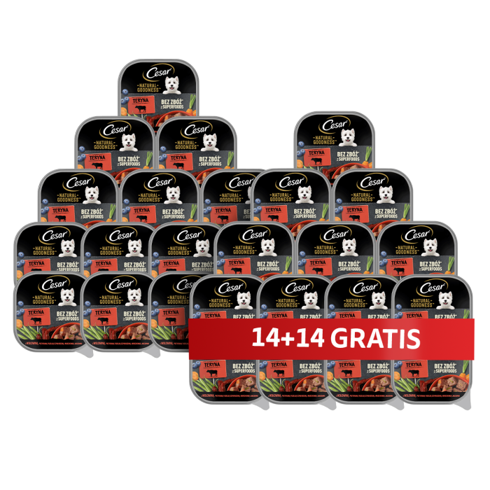 CESAR Natural Goodness Mus tacka 28 x 100 g mokra karma pełnoporcjowa dla dorosłych psów z wołowiną, przybraną fasolką szparagową, marchewką i jagodami 14+14 GRATIS