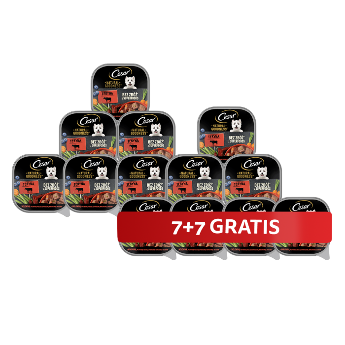 CESAR Natural Goodness Mus tacka 14 x 100 g mokra karma pełnoporcjowa dla dorosłych psów z wołowiną, przybraną fasolką szparagową, marchewką i jagodami 7+7 GRATIS