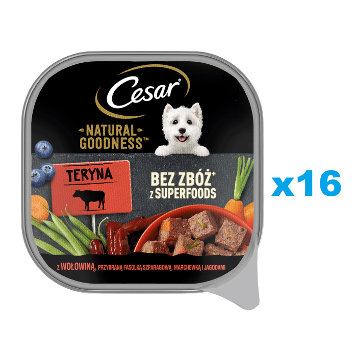 CESAR Natural Goodness Mus tacka 16x100 g mokra karma pełnoporcjowa dla dorosłych psów z wołowiną, przybraną fasolką szparagową, marchewką i jagodami