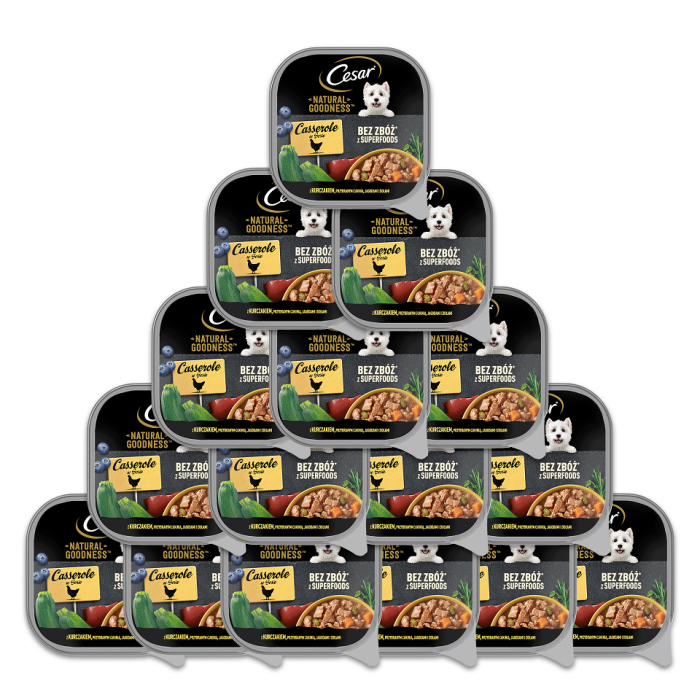 CESAR Natural Goodness tacka 16x100 g mokra karma pełnoporcjowa dla dorosłych psów z kurczakiem przybranym cukinią, jagodami i ziołami w sosie
