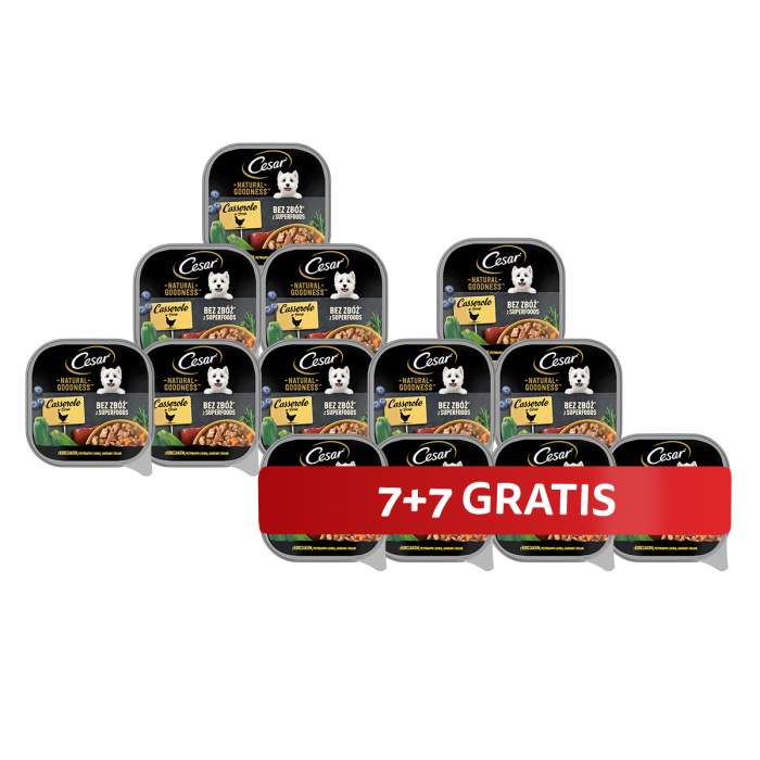 CESAR Natural Goodness tacka 14 x 100 g mokra karma pełnoporcjowa dla dorosłych psów z kurczakiem przybranym cukinią, jagodami i ziołami w sosie 7+7 GRATIS