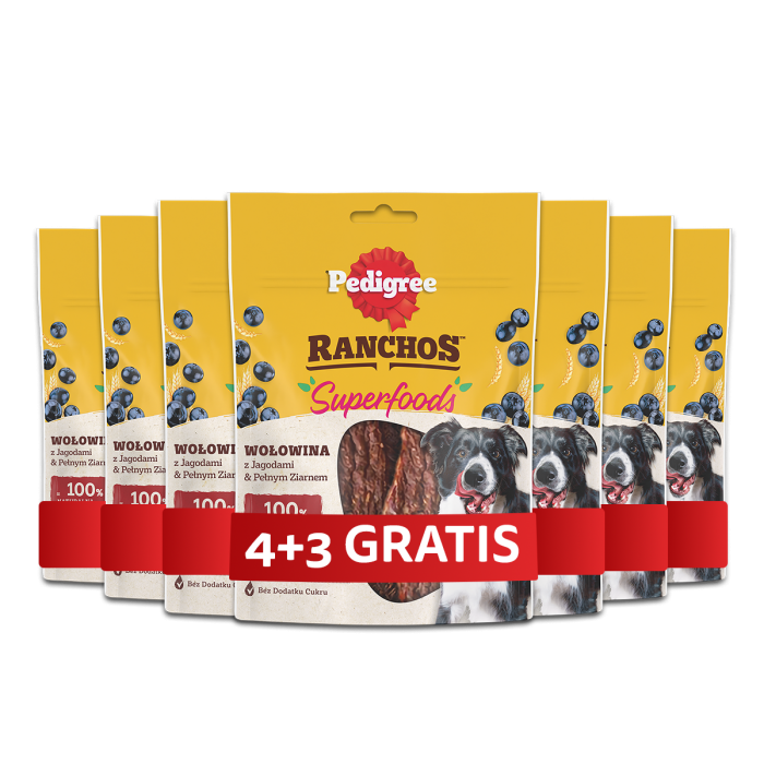 PEDIGREE Ranchos Superfoods z wołowiną, jagodami i pełnym ziarnem 7 x 70g 4+3 GRATIS