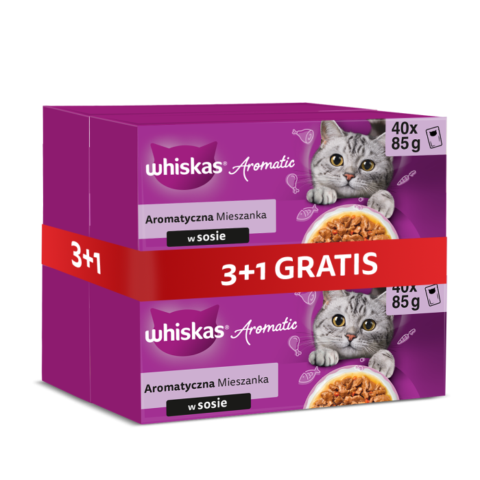 WHISKAS Adult Aromatyczna Mieszanka saszetki 4 x 40x85 g mokra karma pełnoporcjowa dla dorosłych kotów w sosie kawałki z glazurowaną wieprzowiną i marchewką, soczystym kurczakiem, z kawałkami ryb oceanicznych w bulionie, delikatnym łososiem i groszkiem 3+