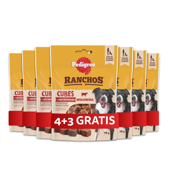 PEDIGREE Ranchos Cubes 7 x 70 g karma uzupełniająca dla dorosłych psów z wołowiną 4+3 GRATIS