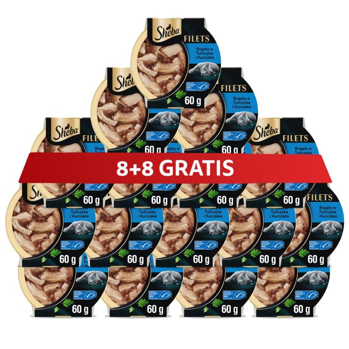 SHEBA Filets z kurczakiem i tuńczykiem w sosie 16 x 60 g mokra karma dla kotów 8+8 GRATIS
