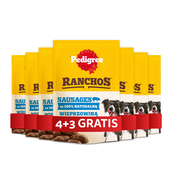 PEDIGREE Ranchos Sausages 100% wieprzowina 7 x 60g naturalne przysmaki dla psów 4+3 GRATIS