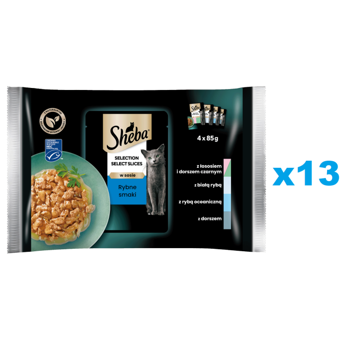 SHEBA Selection Select Slices Rybne Smaki 52x85g mokra karma pełnoporcjowa dla kotów w sosie kawałki z łososiem i dorszem czarnym, białą rybą, rybą oceaniczną, dorszem