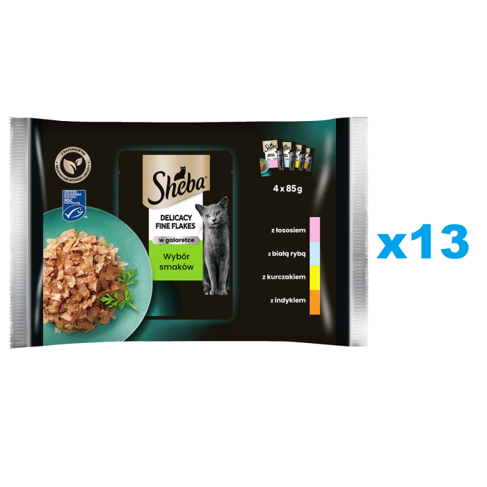 SHEBA Delicacy Fine Flakes Wybór Smaków saszetki 52x85 g mokra karma pełnoporcjowa dla dorosłych kotów w galaretce kawałki z: łososiem, białą rybą, kurczakiem, indykiem